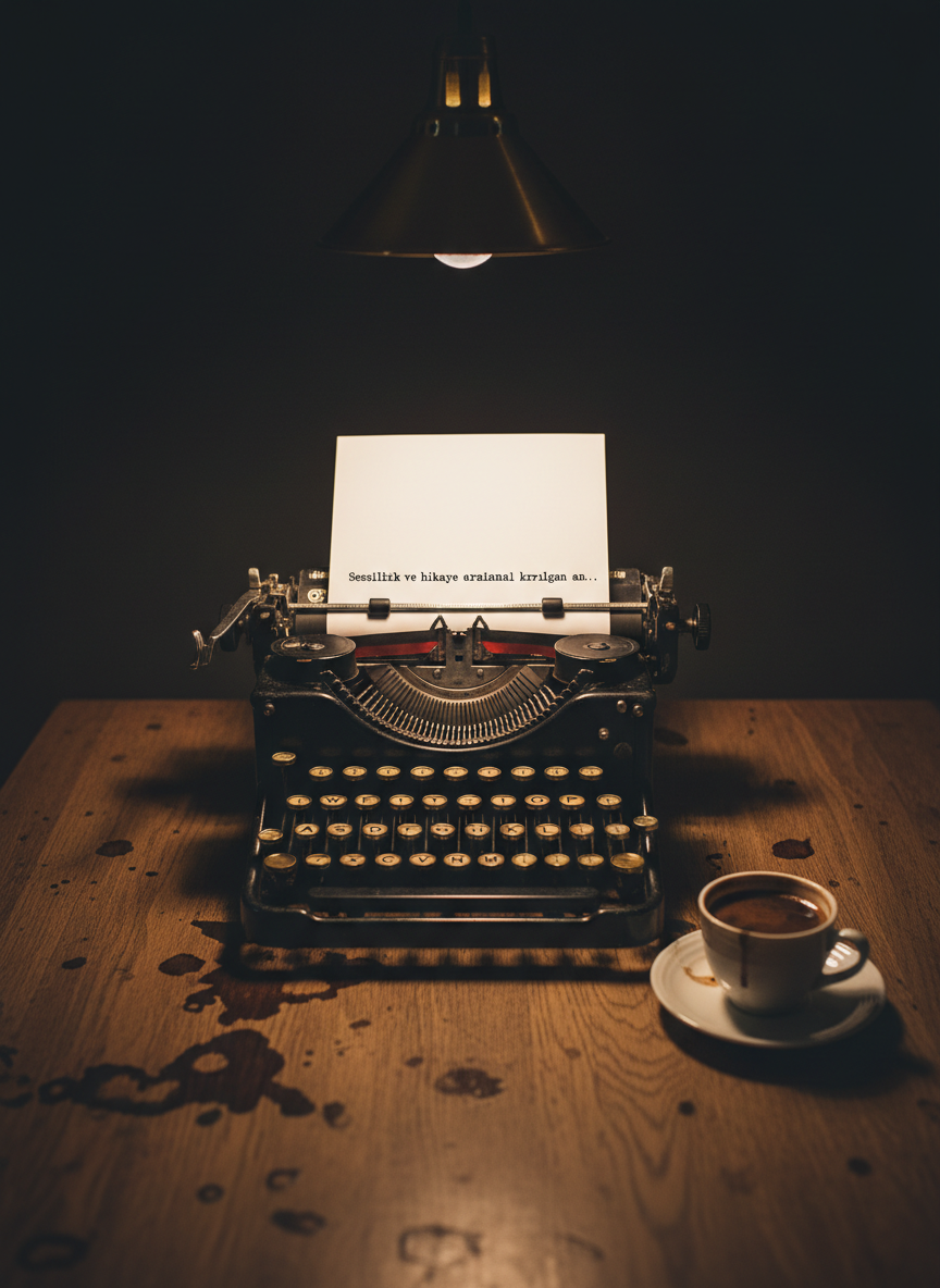 An antique black typewriter with round, cream-colored keys sits centered on a scarred oak table, a single sheet of crisp white paper rolled into the carriage. On the page, the first line in Turkish has been typed, then abruptly interrupted, leaving a blank expanse. A chipped porcelain cup of cold, untouched Turkish coffee rests nearby, its dark surface mirror-like. Overhead, a cone of warm, focused pendant light carves the typewriter out of surrounding shadow, emphasizing texture: metal sheen, worn keycaps, stains in the wood. Photographic realism, low-angle close-up with shallow depth of field, drawing the eye to the incomplete sentence. The atmosphere is tense, literary, and sophisticated, capturing the fragile moment between silence and story.
