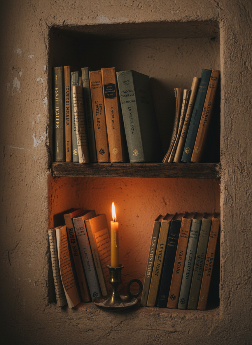 A small, dimly lit bookshelf built into a rough plaster wall, filled with clothbound books in muted earth tones, their spines titled in Turkish and French. Between the volumes, thin handwritten notebooks and loose sheets peek out like hidden drafts. A single beeswax candle in a brass holder burns on the lower shelf, its flame reflected in the metal and casting trembling light across the book spines. Photographic realism, side-lit composition with deep shadows creating dramatic contrast and a chiaroscuro effect. Shot at eye level with a medium depth of field, keeping the front row of books in sharp focus while the back recedes into darkness. The mood is intimate, secretive, and steeped in literary reverie, as if each book hides an unwritten story.
