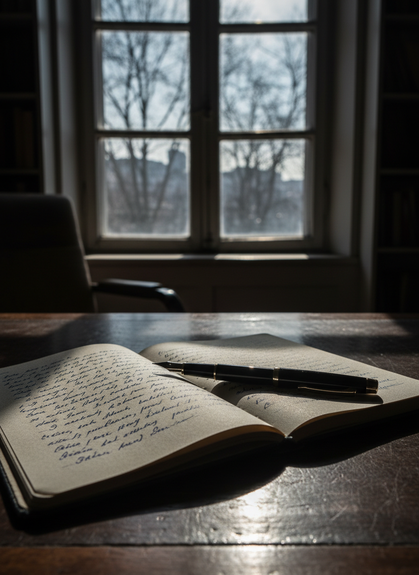 A weathered dark-wood writing desk bearing a single, open linen-textured notebook filled with tight, ink-blue handwriting in Turkish. A heavy black metal fountain pen rests diagonally across the page, its nib glinting. The desk stands near an old sash window in a quiet study; outside, blurred silhouettes of bare winter trees hint at a city beyond. Late-afternoon light filters in, cool and soft, casting elongated, contemplative shadows across the paper. Photographic realism, eye-level composition with shallow depth of field keeps the notebook crisp while the room fades into gentle bokeh. The mood is introspective, sophisticated, and slightly melancholic, echoing the idea of writing as a way of surviving.