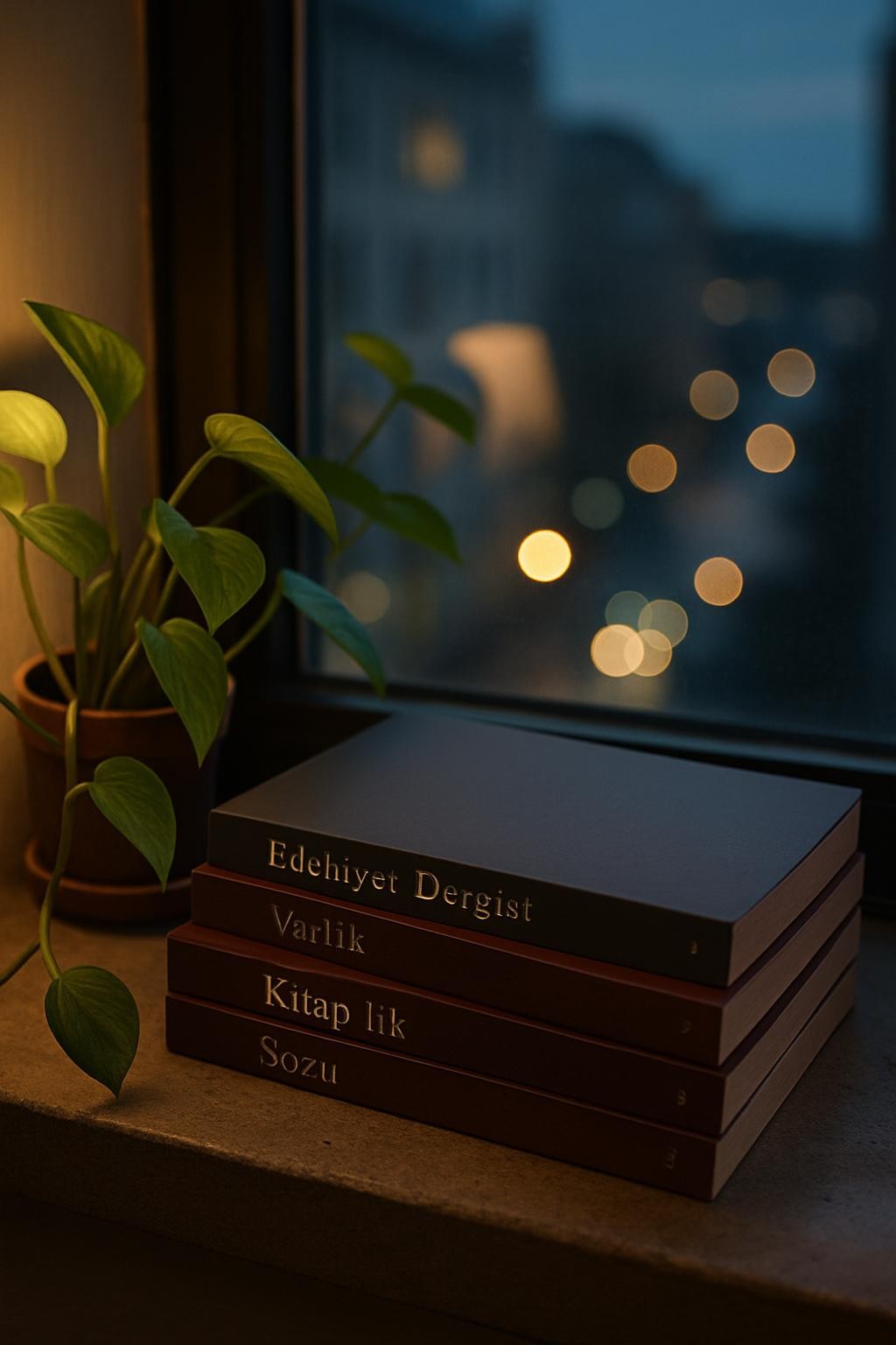 A neat stack of slim, matte-covered literary magazines in muted tones of charcoal, sepia, and deep burgundy, their Turkish titles barely legible at the edge of the frame. They rest on a concrete windowsill beside a small, overwatered pothos plant whose leaves spill languidly. Beyond the glass, city lights glow out of focus like scattered thoughts at dusk. Warm, low interior lamp light mingles with the cool blue of evening, creating subtle reflections on the window. Photographic realism, shot from a slightly elevated angle using the rule of thirds, with a soft, cinematic depth of field. The mood is quiet, urbane, and reflective, evoking late-night reading sessions filled with poetry, short stories, and fragments of ideas.